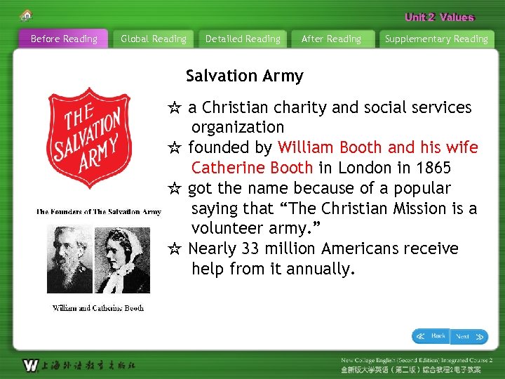 Unit 2 Values Before Reading Global Reading Detailed Reading After Reading Supplementary Reading Salvation