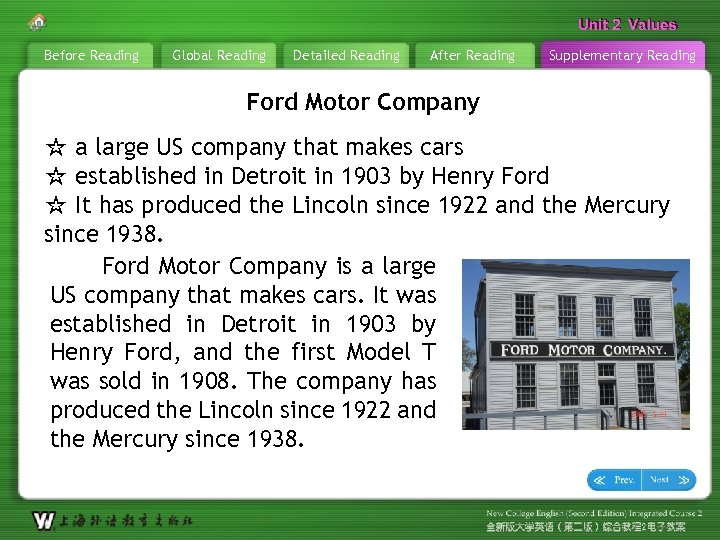 Unit 2 Values Before Reading Global Reading Detailed Reading After Reading Supplementary Reading Ford