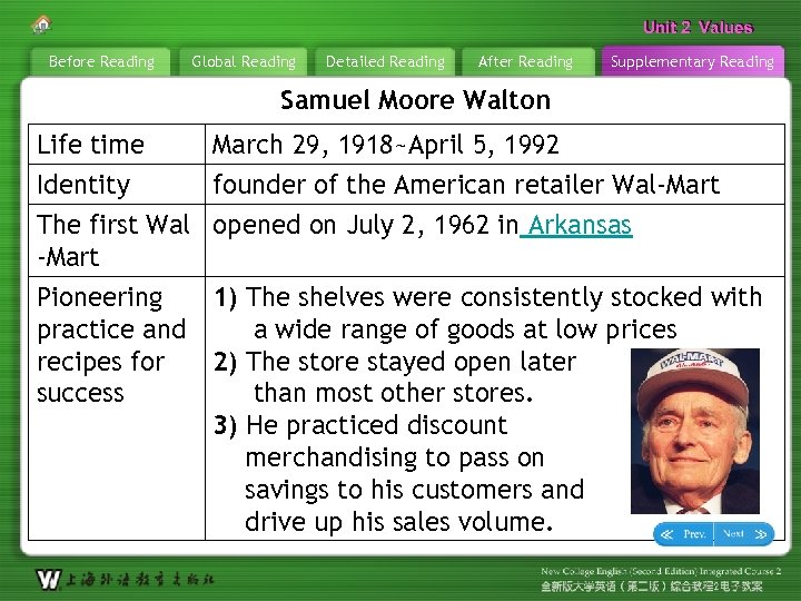 Unit 2 Values Before Reading Global Reading Detailed Reading After Reading Supplementary Reading Samuel