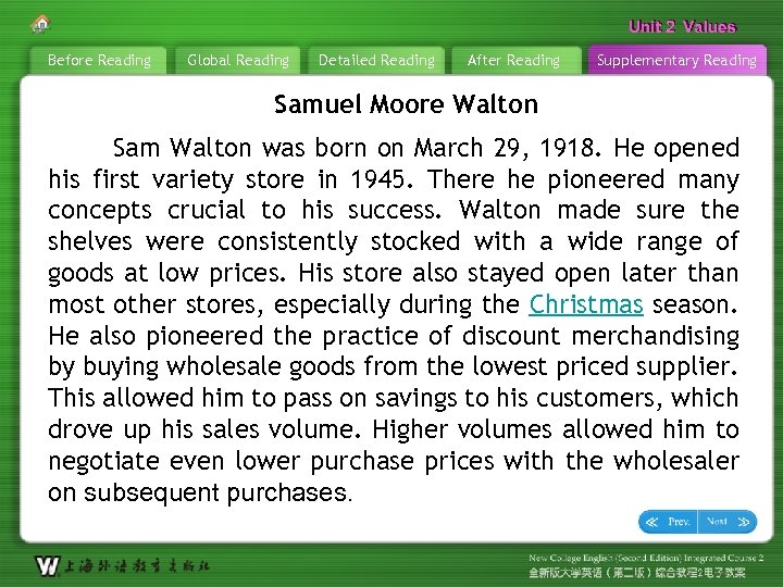 Unit 2 Values Before Reading Global Reading Detailed Reading After Reading Supplementary Reading Samuel