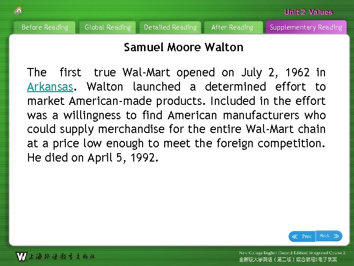 Unit 2 Values Before Reading Global Reading Detailed Reading After Reading Supplementary Reading Samuel