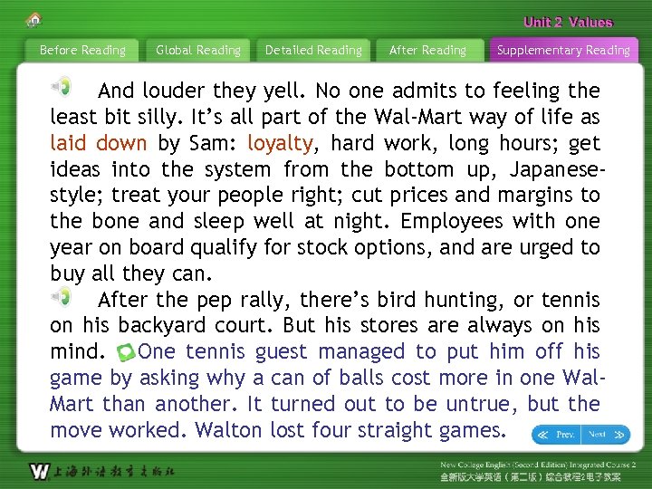 Unit 2 Values Before Reading Global Reading Detailed Reading After Reading Supplementary Reading And