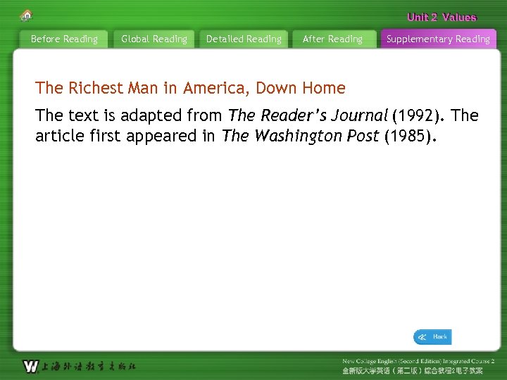 Unit 2 Values Before Reading Global Reading Detailed Reading After Reading Supplementary Reading The