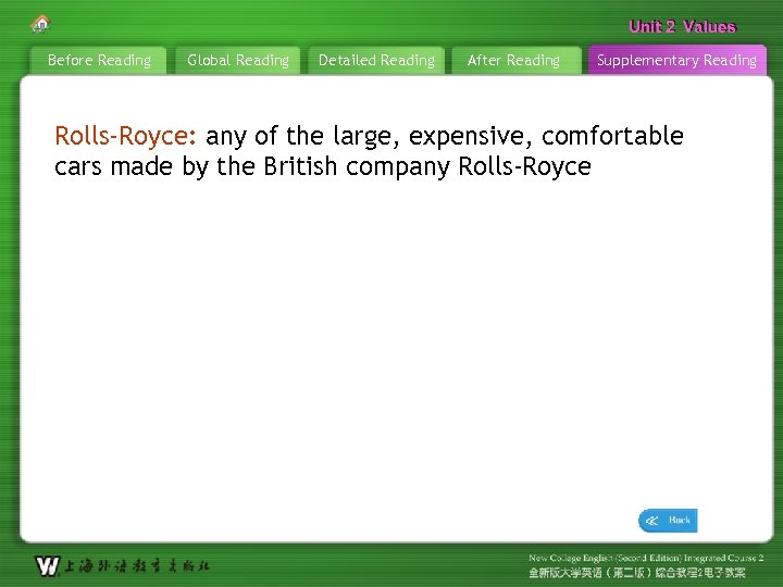Unit 2 Values Before Reading Global Reading Detailed Reading After Reading Supplementary Reading Rolls-Royce: