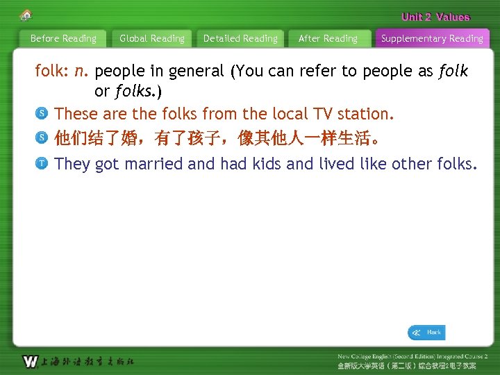 Unit 2 Values Before Reading Global Reading Detailed Reading After Reading Supplementary Reading folk: