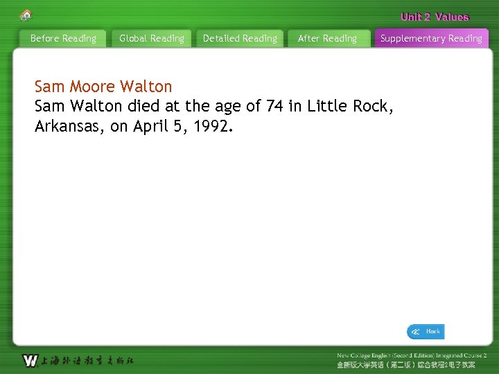 Unit 2 Values Before Reading Global Reading Detailed Reading After Reading Supplementary Reading Sam