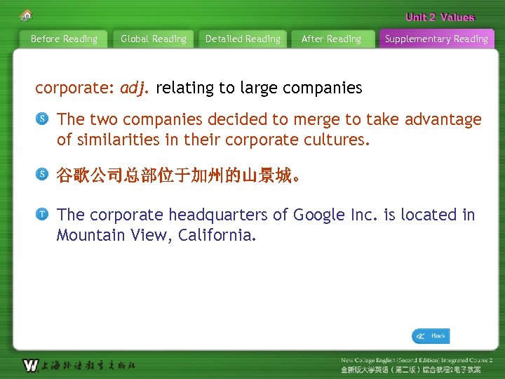 Unit 2 Values Before Reading Global Reading Detailed Reading After Reading Supplementary Reading corporate: