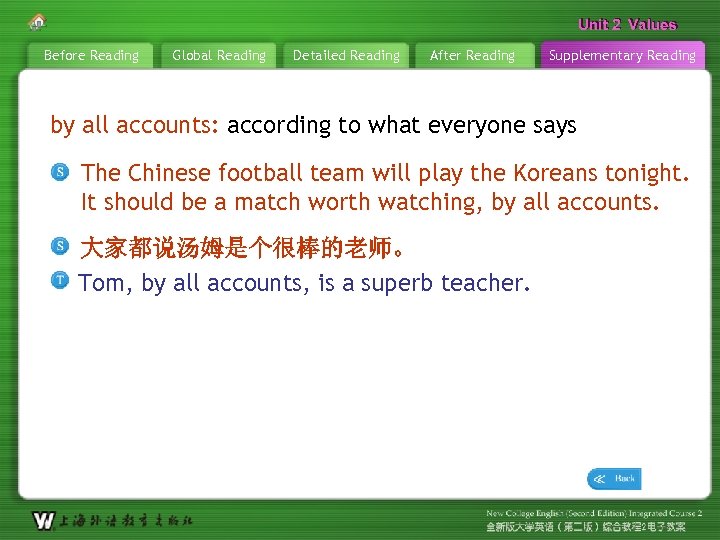 Unit 2 Values Before Reading Global Reading Detailed Reading After Reading Supplementary Reading by