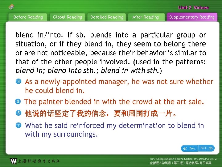 Unit 2 Values Before Reading Global Reading Detailed Reading After Reading Supplementary Reading blend