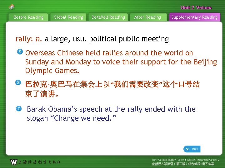 Unit 2 Values Before Reading Global Reading Detailed Reading After Reading Supplementary Reading rally: