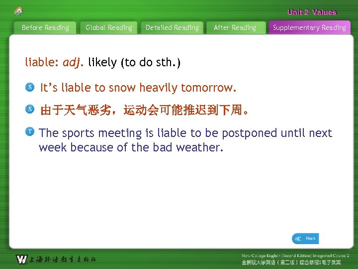 Unit 2 Values Before Reading Global Reading Detailed Reading After Reading Supplementary Reading liable: