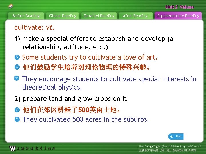 Unit 2 Values Before Reading Global Reading Detailed Reading After Reading Supplementary Reading cultivate: