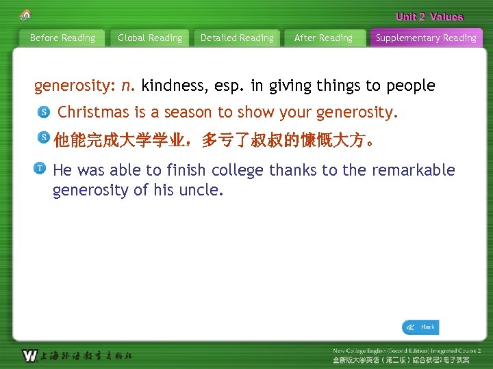 Unit 2 Values Before Reading Global Reading Detailed Reading After Reading Supplementary Reading generosity: