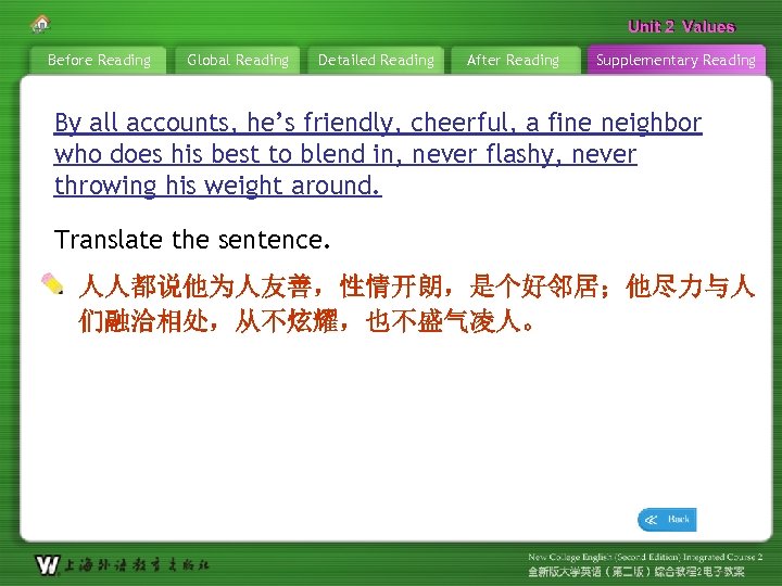 Unit 2 Values Before Reading Global Reading Detailed Reading After Reading Supplementary Reading By