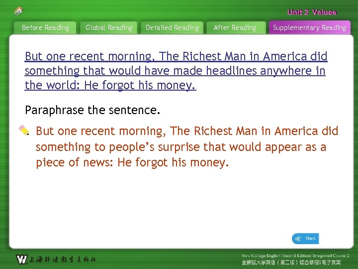 Unit 2 Values Before Reading Global Reading Detailed Reading After Reading Supplementary Reading But