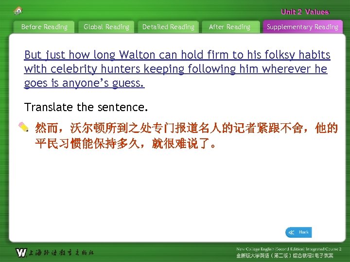 Unit 2 Values Before Reading Global Reading Detailed Reading After Reading Supplementary Reading But