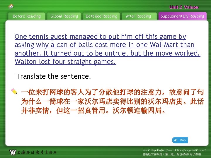 Unit 2 Values Before Reading Global Reading Detailed Reading After Reading Supplementary Reading One