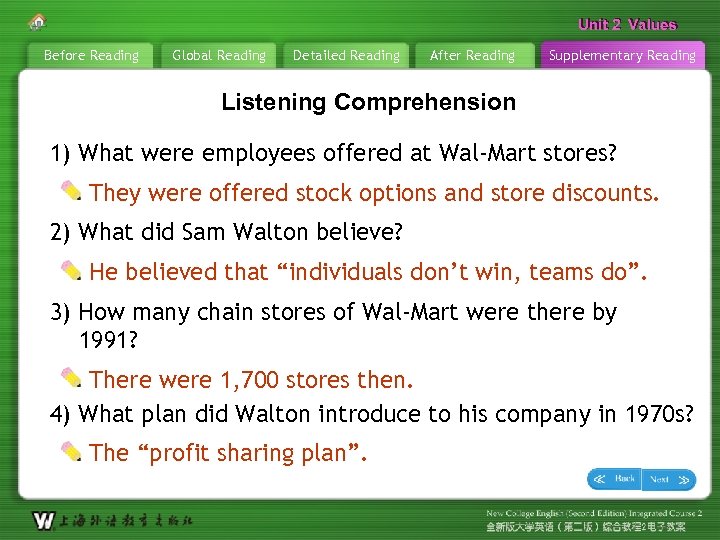 Unit 2 Values Before Reading Global Reading Detailed Reading After Reading Supplementary Reading Listening