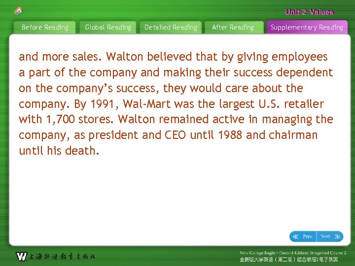 Unit 2 Values Before Reading Global Reading Detailed Reading After Reading Supplementary Reading and