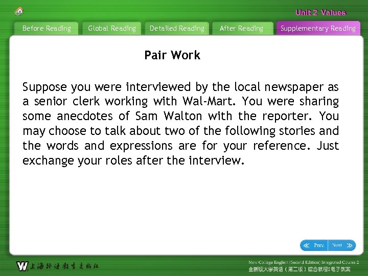 Unit 2 Values Before Reading Global Reading Detailed Reading After Reading Supplementary Reading Pair