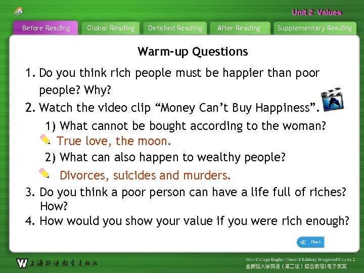 Unit 2 Values Before Reading Global Reading Detailed Reading After Reading Supplementary Reading Warm-up