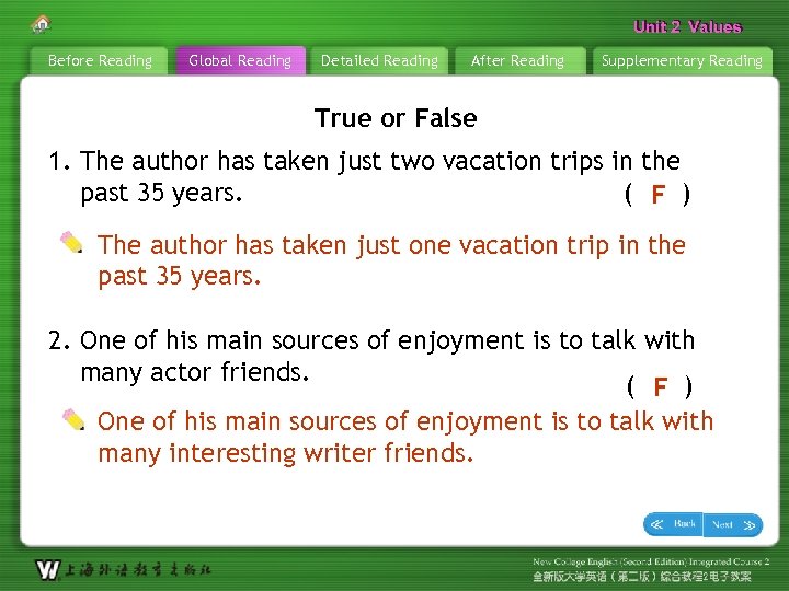 Unit 2 Values Before Reading Global Reading Detailed Reading After Reading Supplementary Reading True