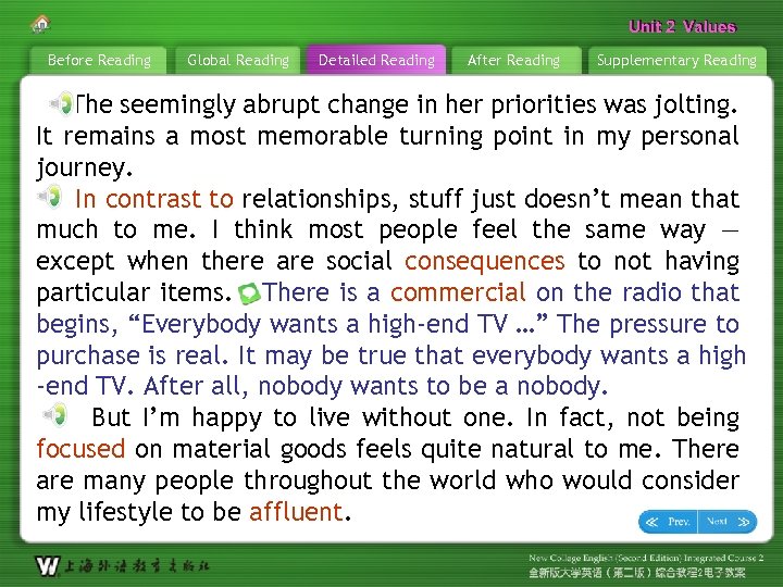 Unit 2 Values Before Reading Global Reading Detailed Reading After Reading Supplementary Reading The