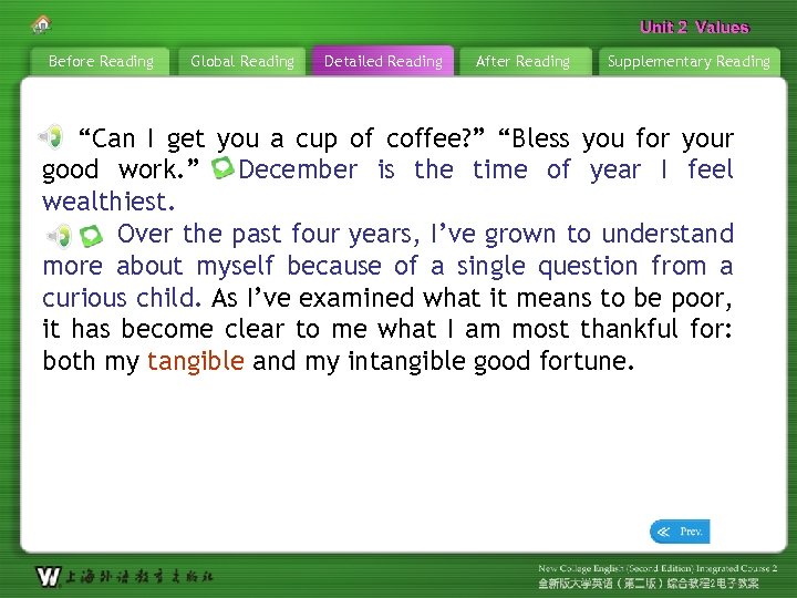 Unit 2 Values Before Reading Global Reading Detailed Reading After Reading Supplementary Reading “Can