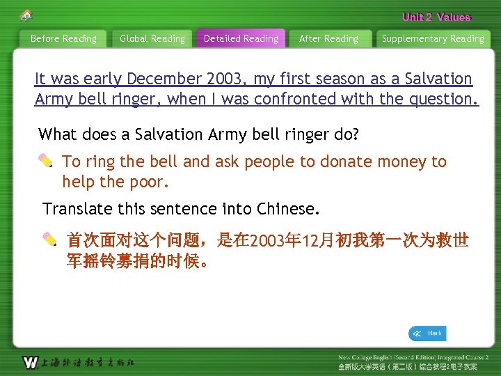 Unit 2 Values Before Reading Global Reading Detailed Reading After Reading Supplementary Reading It