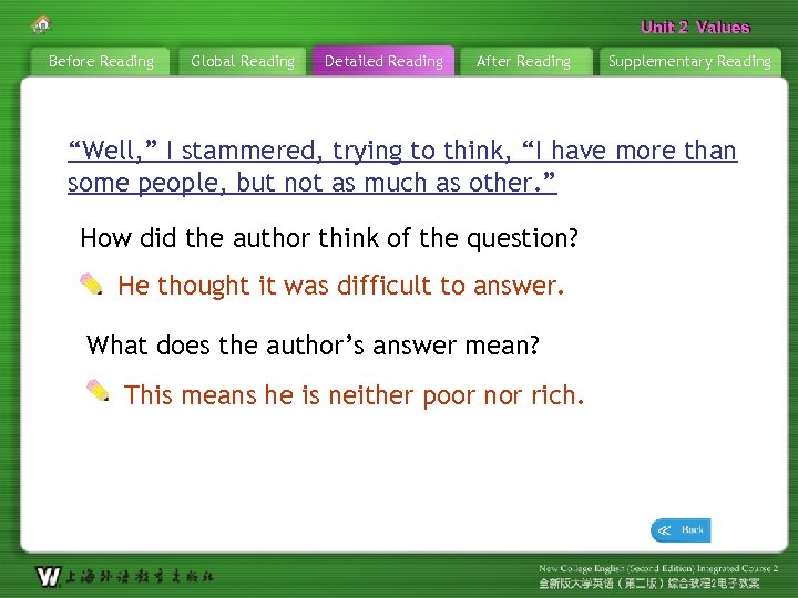 Unit 2 Values Before Reading Global Reading Detailed Reading After Reading Supplementary Reading “Well,
