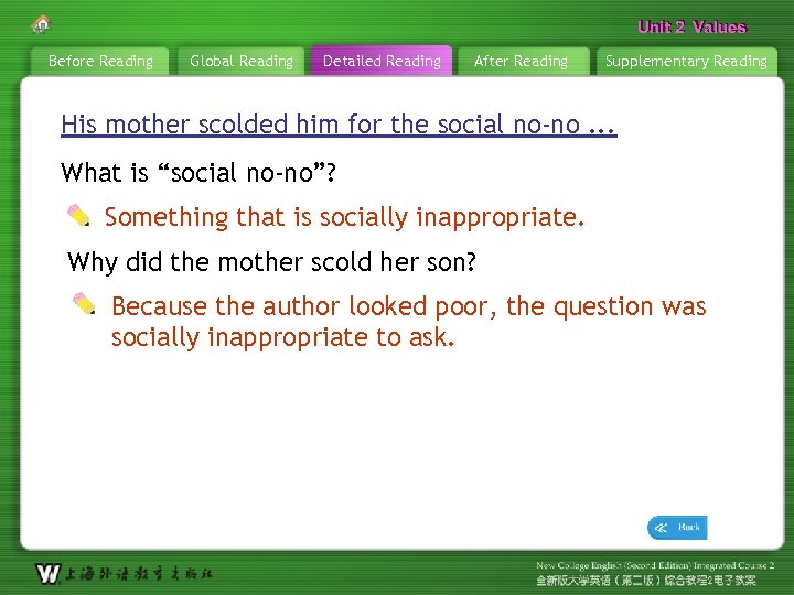 Unit 2 Values Before Reading Global Reading Detailed Reading After Reading Supplementary Reading His
