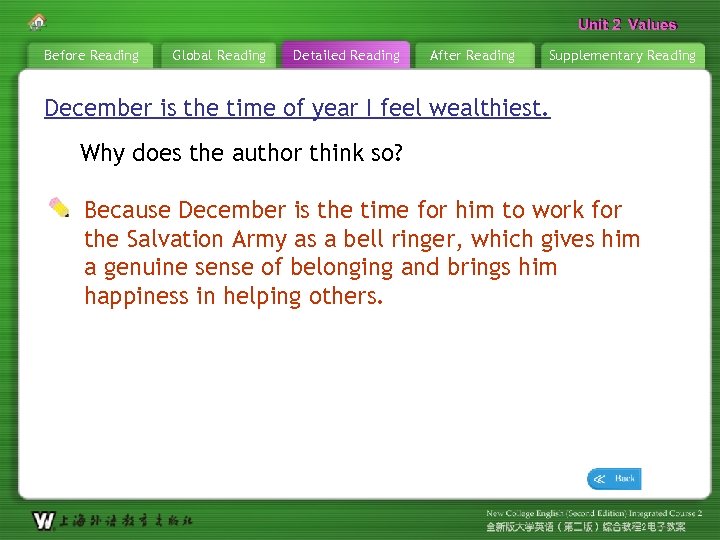 Unit 2 Values Before Reading Global Reading Detailed Reading After Reading Supplementary Reading December