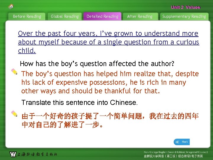 Unit 2 Values Before Reading Global Reading Detailed Reading After Reading Supplementary Reading Over
