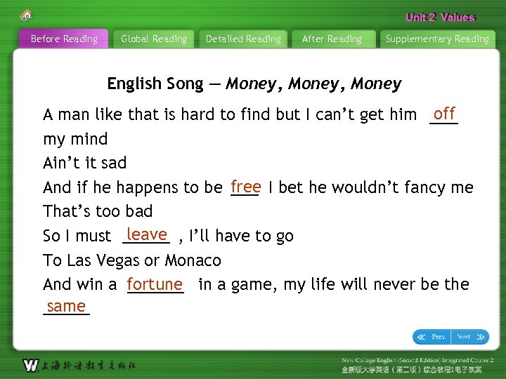 Unit 2 Values Before Reading Global Reading Detailed Reading After Reading Supplementary Reading English