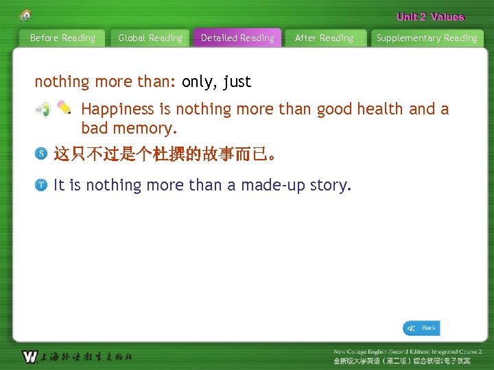 Unit 2 Values Before Reading Global Reading Detailed Reading After Reading Supplementary Reading nothing