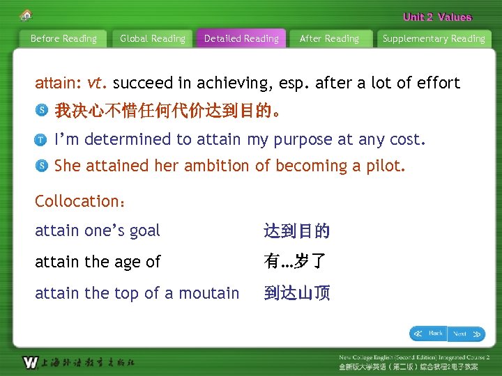 Unit 2 Values Before Reading Global Reading Detailed Reading After Reading Supplementary Reading attain: