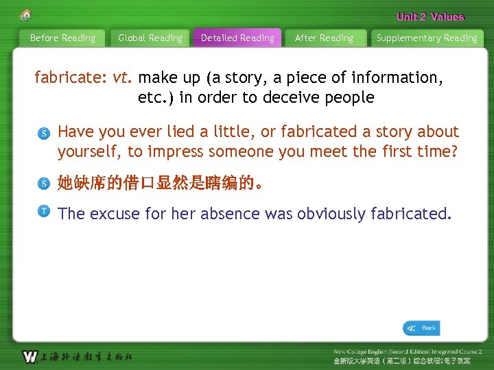 Unit 2 Values Before Reading Global Reading Detailed Reading After Reading Supplementary Reading fabricate: