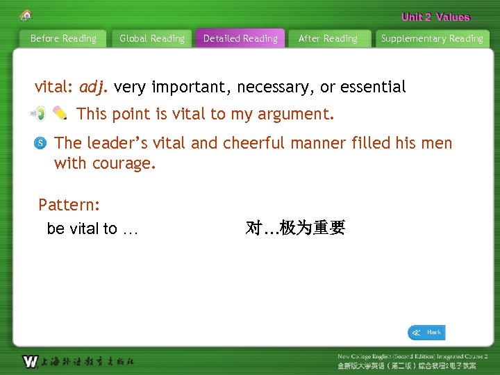 Unit 2 Values Before Reading Global Reading Detailed Reading After Reading Supplementary Reading vital: