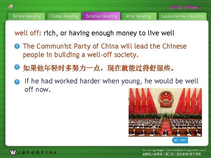 Unit 2 Values Before Reading Global Reading Detailed Reading After Reading Supplementary Reading well