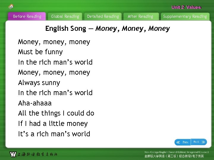 Unit 2 Values Before Reading Global Reading Detailed Reading After Reading Supplementary Reading English