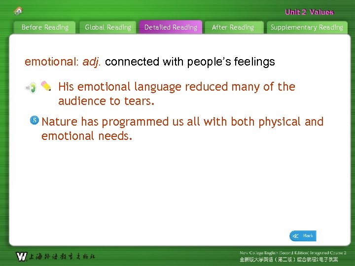 Unit 2 Values Before Reading Global Reading Detailed Reading After Reading Supplementary Reading emotional: