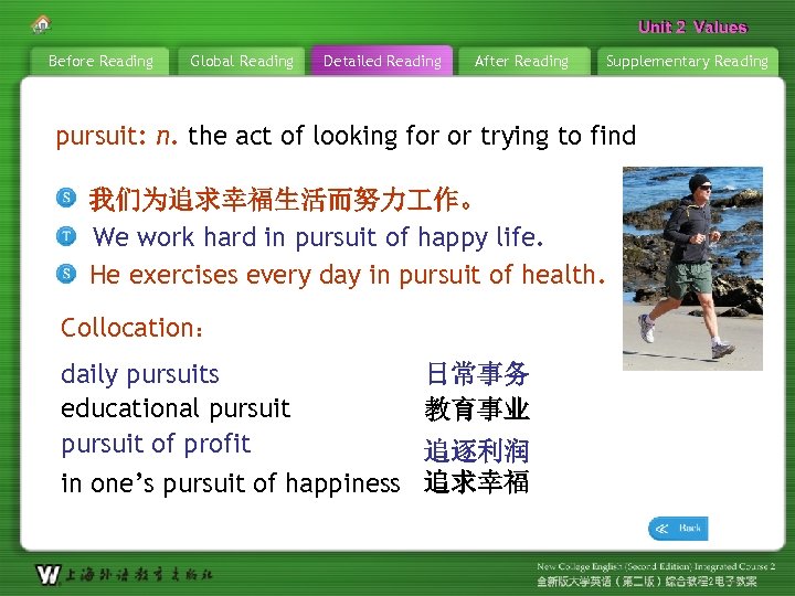 Unit 2 Values Before Reading Global Reading Detailed Reading After Reading Supplementary Reading pursuit: