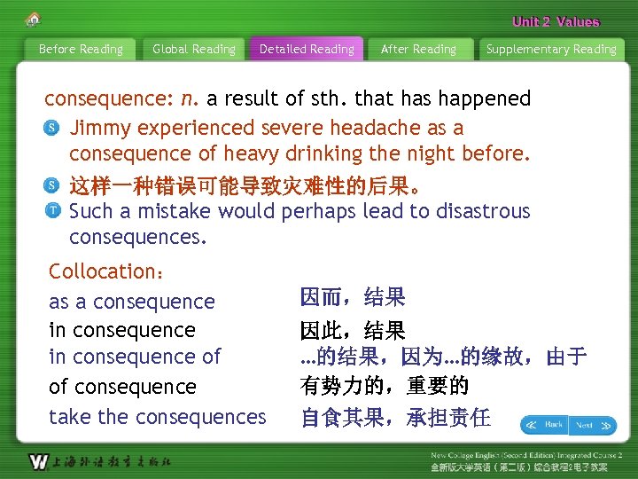 Unit 2 Values Before Reading Global Reading Detailed Reading After Reading Supplementary Reading consequence:
