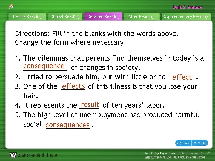 Unit 2 Values Before Reading Global Reading Detailed Reading After Reading Supplementary Reading Directions: