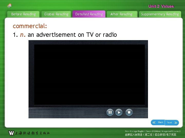 Unit 2 Values Before Reading Global Reading Detailed Reading After Reading commercial: 1. n.