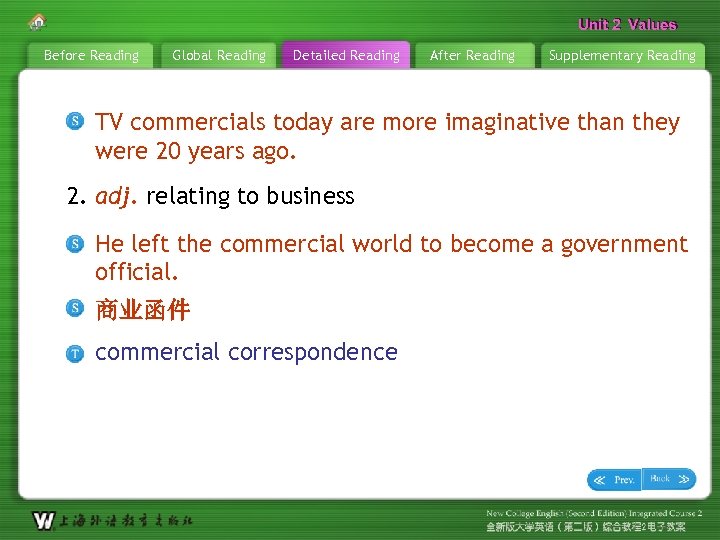 Unit 2 Values Before Reading Global Reading Detailed Reading After Reading Supplementary Reading TV