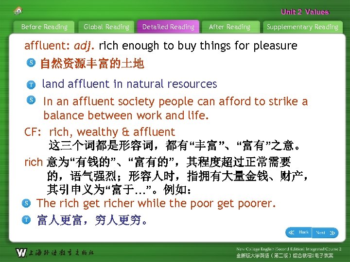 Unit 2 Values Before Reading Global Reading Detailed Reading After Reading Supplementary Reading affluent: