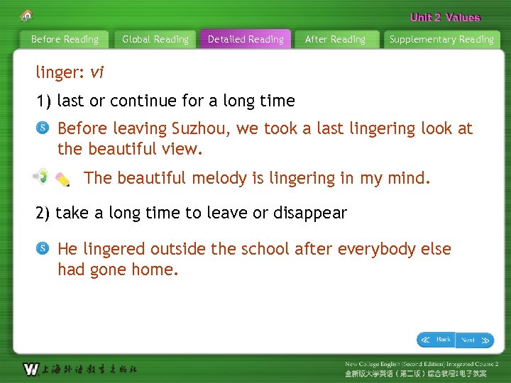 Unit 2 Values Before Reading Global Reading Detailed Reading After Reading Supplementary Reading linger: