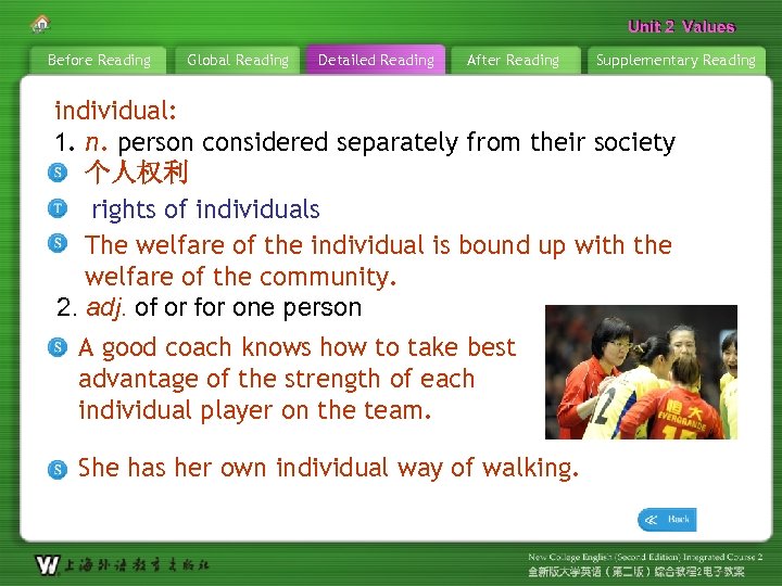 Unit 2 Values Before Reading Global Reading Detailed Reading After Reading Supplementary Reading individual: