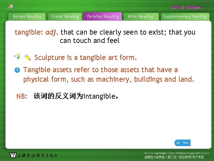 Unit 2 Values Before Reading Global Reading Detailed Reading After Reading Supplementary Reading tangible: